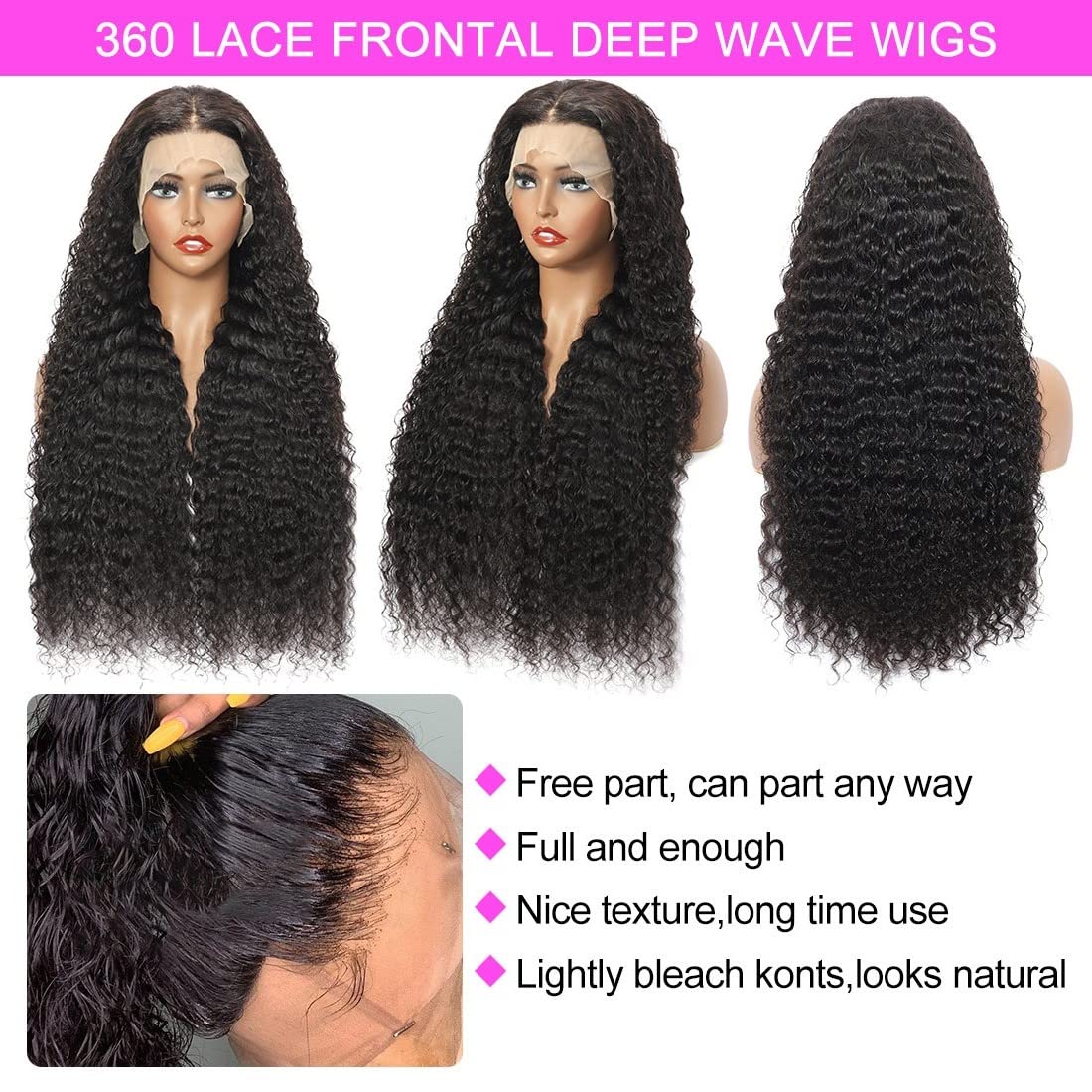 Healthair Deep Wave Lace Front Wig 360 Lace Front Wigs Human Hair Invisi Strap Pre Bleached Pre Cut Lace Pre Plucked Human Hair Wigs for Black Women 14inch