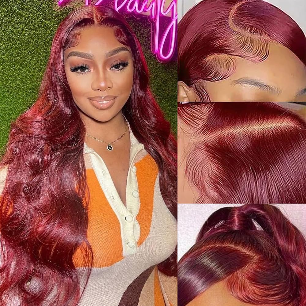 99J Burgundy Lace Front Wigs Human Hair Pre Plucked 13x4 Red Colored Human Hair Lace Front Wigs Body Wave 180% Density HD Lace Front Wigs Human Hair Burgundy Lace Frontal Wigs Human Hair 22 Inch