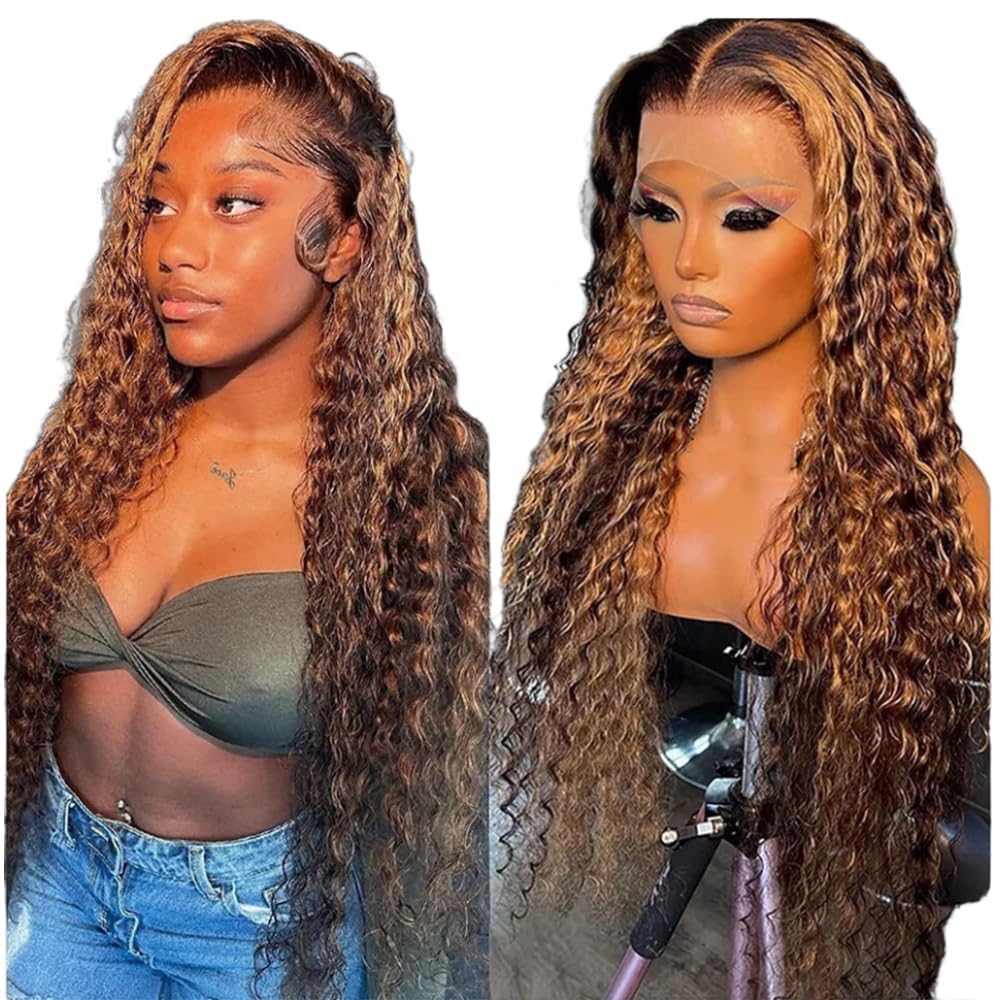 Chesma 30inch Highlight Ombre Lace Front Wig Human Hair 13x4 HD Honey Blonde 4/27 Deep Wave Lace Frontal Wigs Glueless Wigs Human Hair Pre Plucked with Baby Hair 180 Density