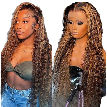 Chesma 30inch Highlight Ombre Lace Front Wig Human Hair 13x4 HD Honey Blonde 4/27 Deep Wave Lace Frontal Wigs Glueless Wigs Human Hair Pre Plucked with Baby Hair 180 Density