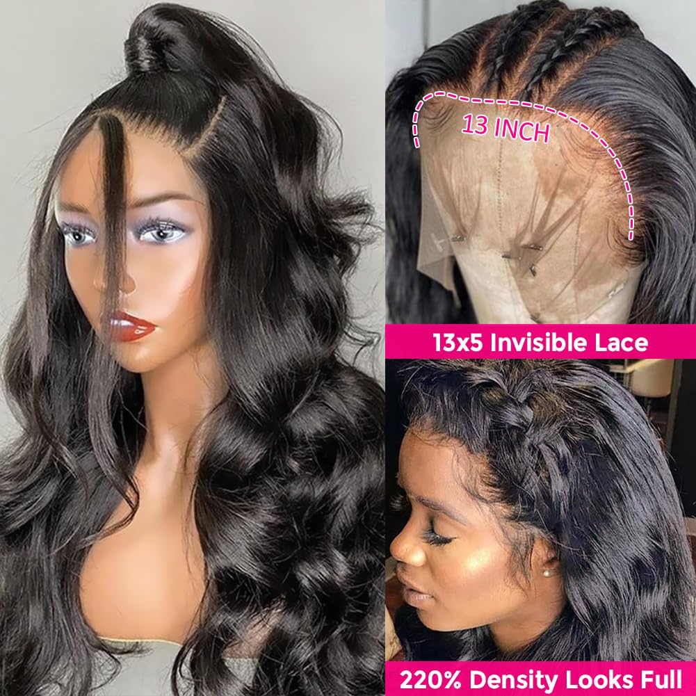 Wingirl 13×5 Lace Front Human Hair Wigs for Women 12A HD Transparent Body Wave Lace Front Wigs Human Hair Pre Plucked Bleached Knots (20 Inch (Pack of 1), 220% 1B# Color)