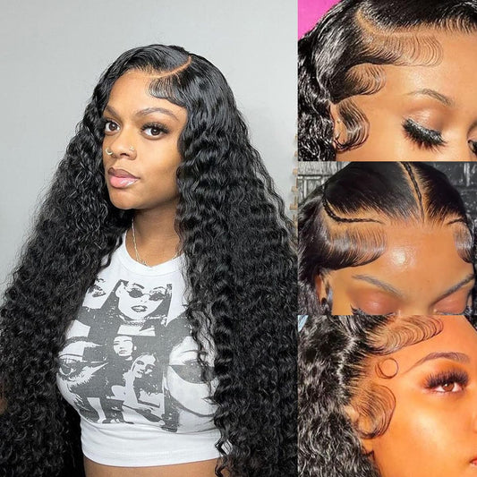 GIESWY 13x4 HD Lace Front Wigs Human Hair Pre Plucked with Baby Hair 180% Density Brazilian Virgin Hair Deep Wave Wig Glueless Human Hair Wigs for Black Women (natural color 22 inch)