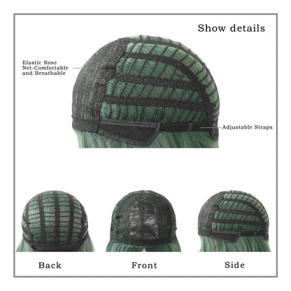 7JHH WIGS Long Straight Wigs with Curtain Bangs,Green Highlight Layered Wig for Women Synthetic High Density Heat Resistant Hair Wig for Daily Party 24 Inches