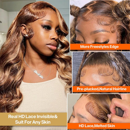 Yamikk 4/27 Highlight Honey Blonde Lace Front Wigs Human Hair Pre Plucked 180 Density 13x5 Ombre Colored Body Wave Hd Lace Frontal Human Hair Wig 22 Inch