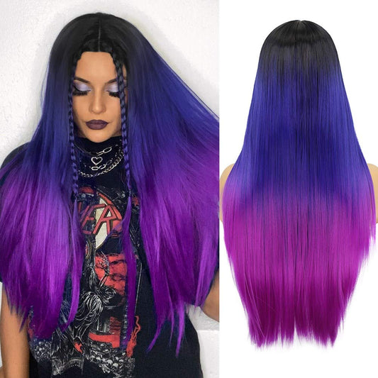 WIGER Long Straight Ombre Wigs Rainbow Mermaid Purple Wigs for Women Black To Blue To Hot Pink No Lace Three-Tone Colored Cosplay Hair 26 Inches Synthetic Girls Party Wig