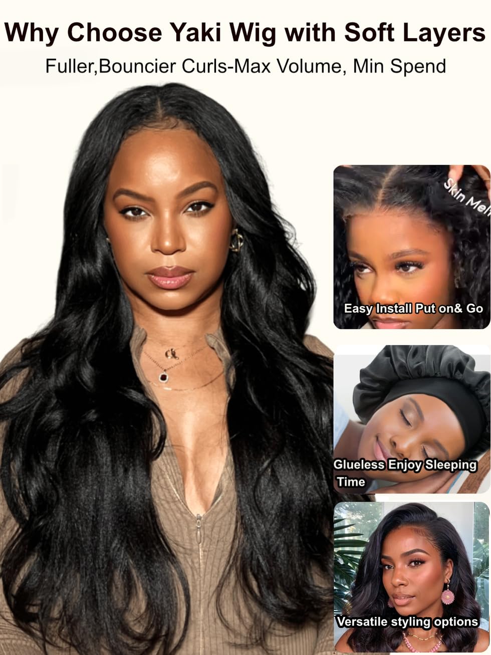 UNICE Bye Bye Knots Glueless 7X5 Pre Cut Lace Front Wig Yaki Wavy Flip Out Bang Curl Wig Put on and Go Human Hair Wigs Pre Plucked Bleached Knots Natural Hairline 150% Density 24 Inch