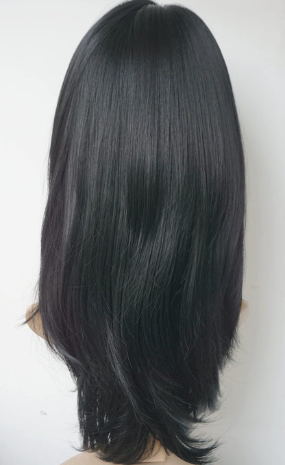 Black wig with bangs Layered Wigs for white Women black hair wig Synthetic Wigs Flow out Curl for White Women (Black)