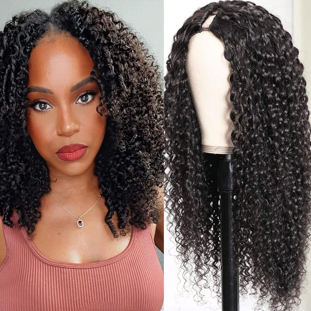 Ainmeys Curly V Part Wigs Brazilian Kinky Curly Human Hair Wigs for Black Women V Shape Wigs No Leave Out Lace Front Wigs Upgrade U Part Wigs Glueless Full Head Clip In Half Wigs(14IN 180% Density)