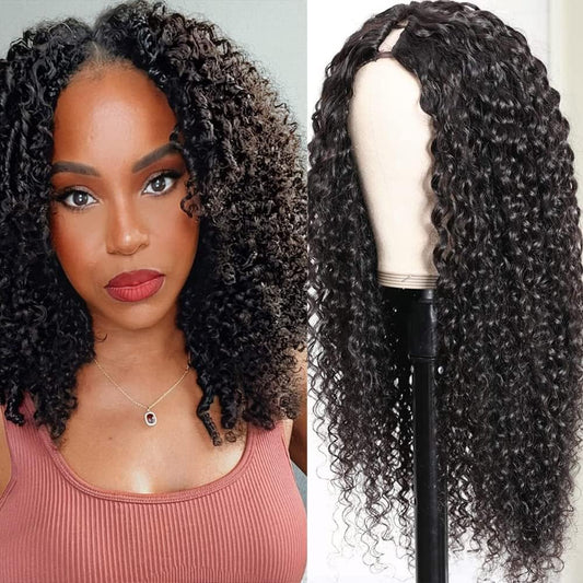 Ainmeys Curly V Part Wigs Brazilian Kinky Curly Human Hair Wigs for Black Women V Shape Wigs No Leave Out Lace Front Wigs Upgrade U Part Wigs Glueless Full Head Clip In Half Wigs(14IN 180% Density)