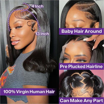 HIRIREMY Bob Wig Human Hair 13x4 HD Lace Frontal Short Straight Lace Front Bob Wigs for Black Women Human Hair Pre Plucked Glueless Side Part 180% Density Black Color 18 Inch