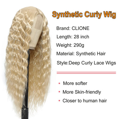 28" Synthetic Curly Wig Honey Blonde Lace Front Wigs for Women Long Deep Wave Lace Wigs Natural Crimps Curls 4" Fake Scalp,15/613#