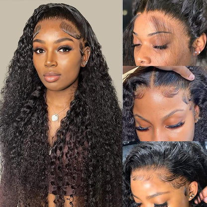 GIESWY 30 Inch Deep Wave Lace Front Wigs Human Hair 180% Density 13x4 HD Transparent Lace Frontal Wigs for Women Curly Glueless Wigs Human Hair Pre Plucked with Baby Hair (30inch,Natural Black)