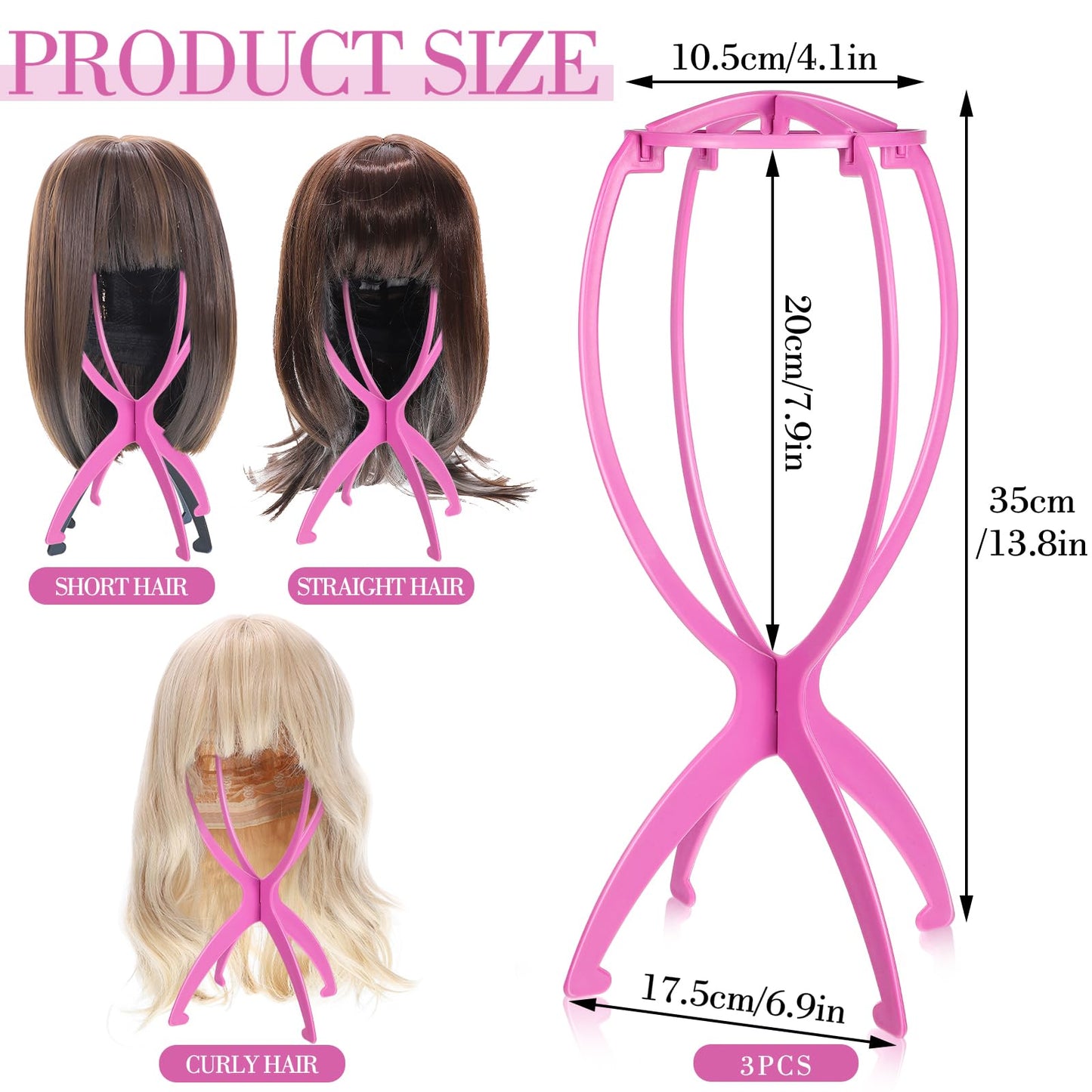 obeoby Wig Stand, Portable Wig Holder Wig Head Stand for All Wigs Travel Wig (pink(3pack))