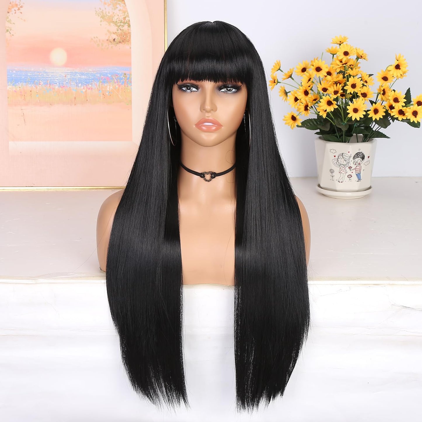 WIGER Long Black Wigs with Bangs Straight Black Hair Dye Wig for Women Long Bangs wig Full Black Cosplay Wig for Girls Synthetic Heat Resistant Natural Hair for Daily or Costumes (1B with Bangs)