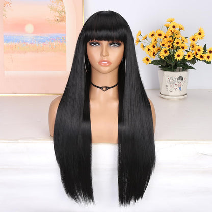WIGER Long Black Wigs with Bangs Straight Black Hair Dye Wig for Women Long Bangs wig Full Black Cosplay Wig for Girls Synthetic Heat Resistant Natural Hair for Daily or Costumes (1B with Bangs)