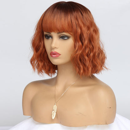 EssionTech Short Copper Red Wigs for Women Fox Red Wig Ombre Red Dark Root Culy Bob Wigs with Bangs Ginger Hair Wig Wavy Synthetic Wigs(12Inches)