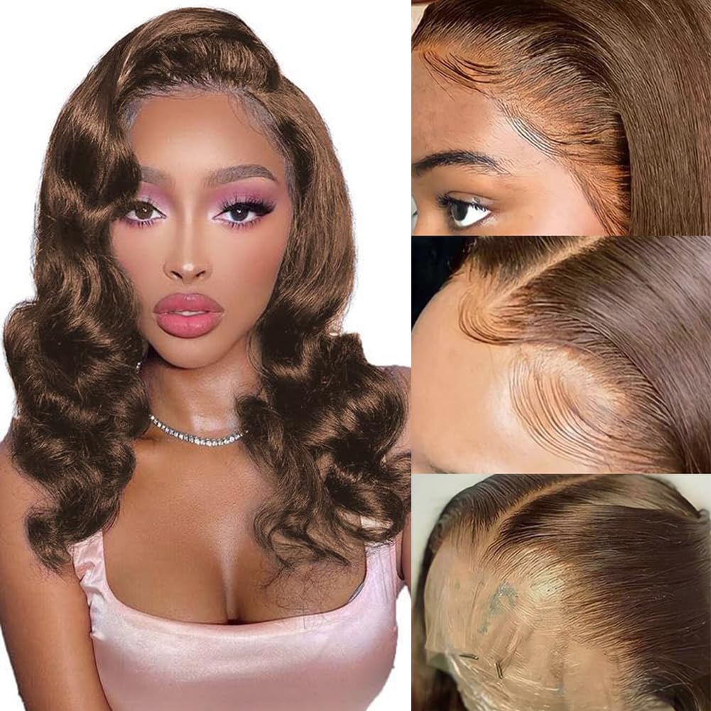 Brown Bob Wig Human Hair 13x4 Frontal Lace Wig 16 Inch Body Wave HD Lace Front Wigs Human Hair Pre Plucked Glueless Bob Wigs for Women (#4 Brown, 16 Inch)