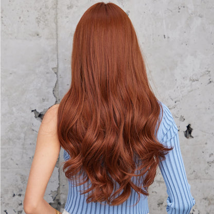 HAIRCUBE Auburn Wigs with Bangs Synthetic Women's Wig Long Wavy Layered Heat-Resistant Wig for Daily Use Natural and comfortable