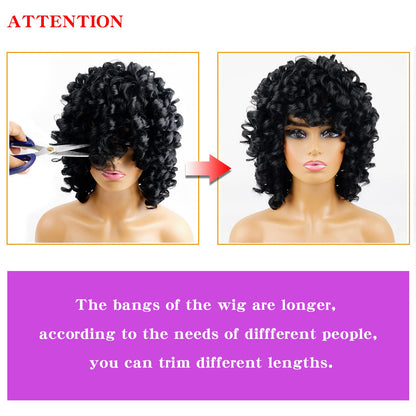 andromeda Hot Pink Wigs for Black Women Soft Short Curly Wig with Bangs Heat Resistant Synthetic Fiber Hair Wigs for African American Black Women（Hot Pink）