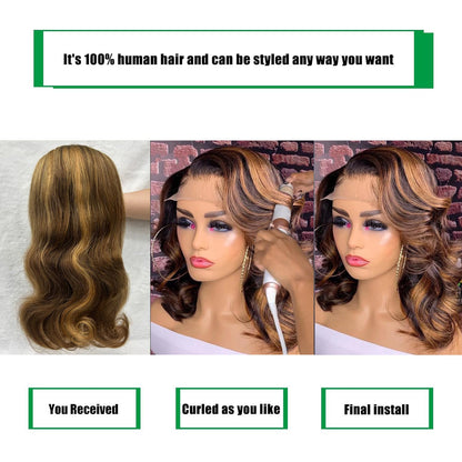 Honey Blonde Bob Wig Human Hair 16 Inch 13x4 Body Wave 4/27 Highlight Ombre HD Lace Front Wigs Human Hair Pre Plucked Glueless Lace Frontal Bob Wigs for Women