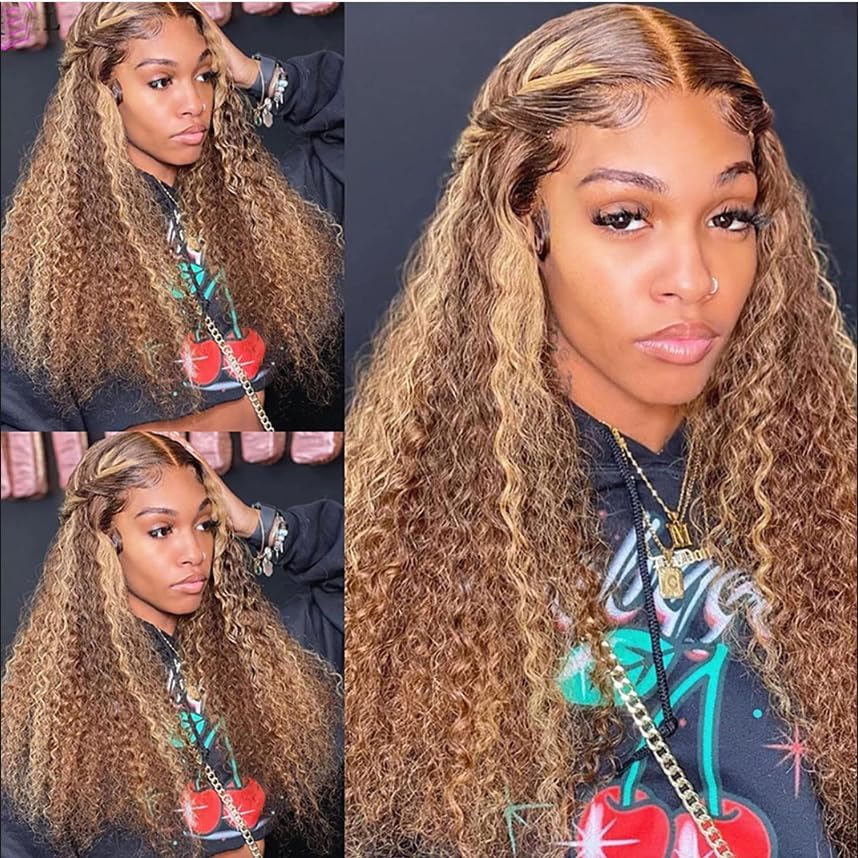 Chesma 30inch Highlight Ombre Lace Front Wig Human Hair 13x4 HD Honey Blonde 4/27 Deep Wave Lace Frontal Wigs Glueless Wigs Human Hair Pre Plucked with Baby Hair 180 Density
