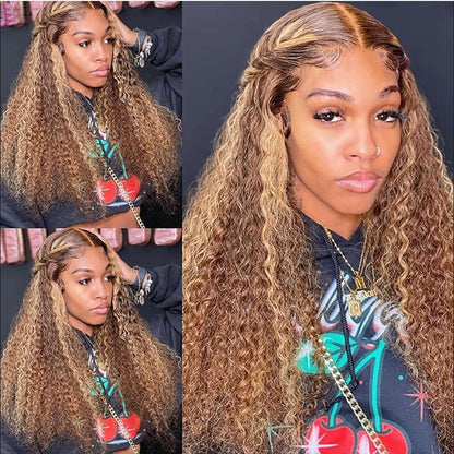 Chesma 30inch Highlight Ombre Lace Front Wig Human Hair 13x4 HD Honey Blonde 4/27 Deep Wave Lace Frontal Wigs Glueless Wigs Human Hair Pre Plucked with Baby Hair 180 Density