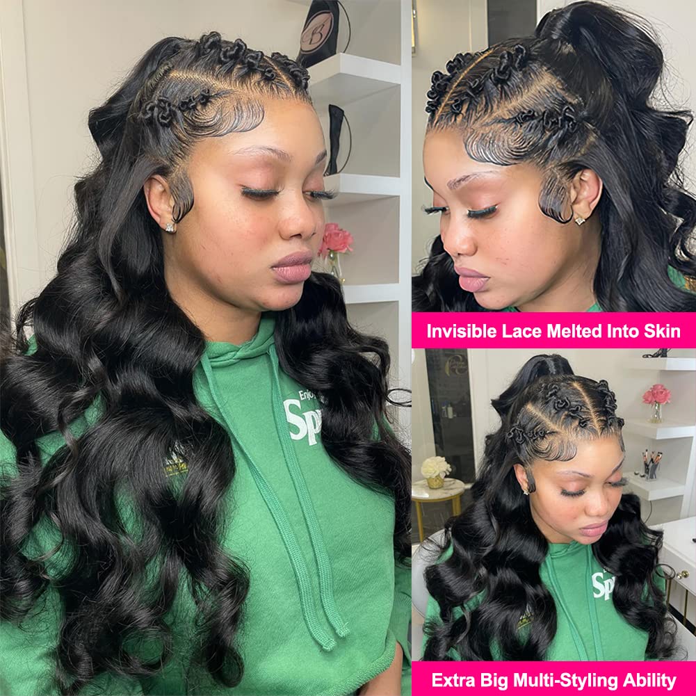 Wingirl 13×5 Lace Front Human Hair Wigs for Women 12A HD Transparent Body Wave Lace Front Wigs Human Hair Pre Plucked Bleached Knots (22 Inch (Pack of 1), 220% 1B# Color)