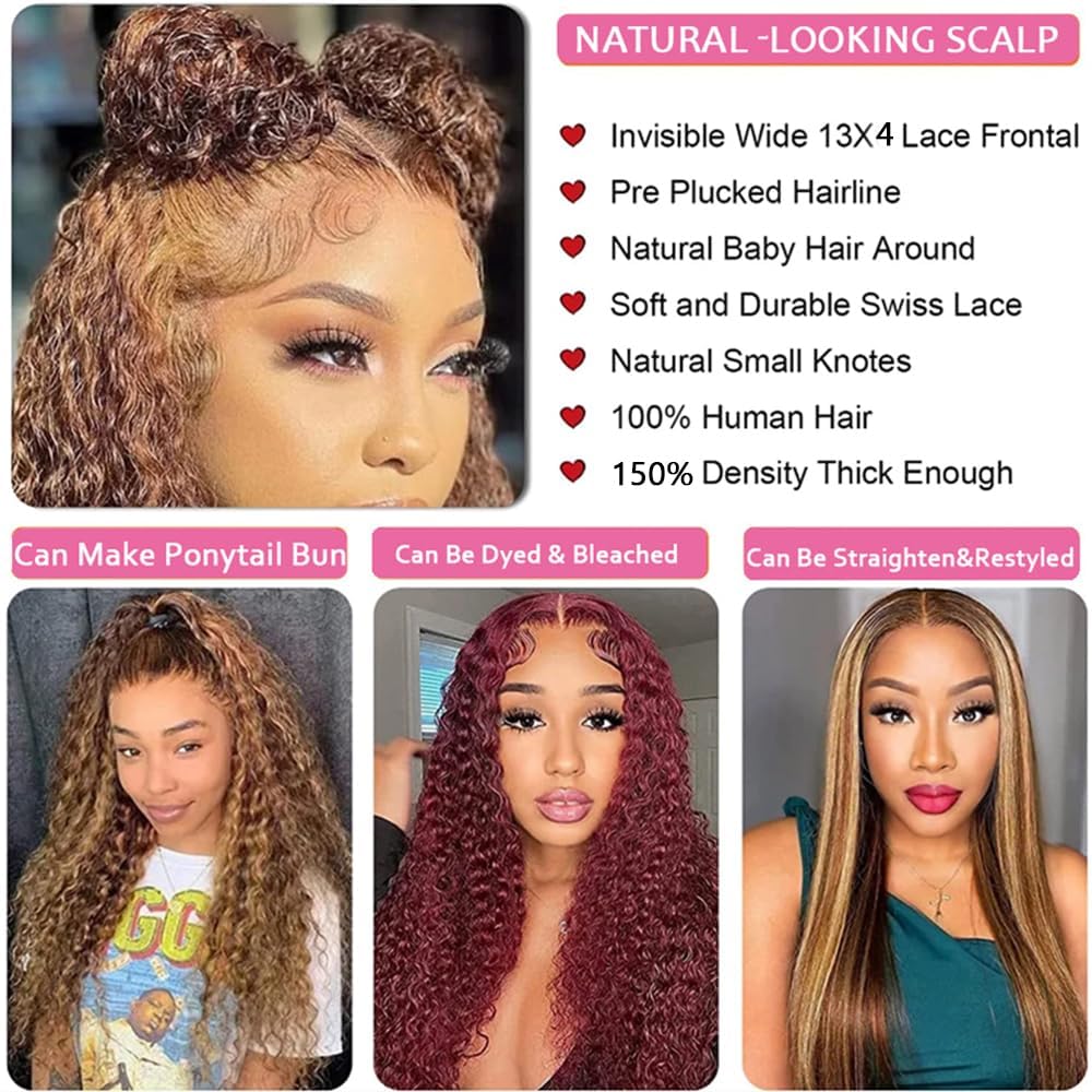 Chesma 26inch Highlight Ombre Lace Front Wig Human Hair 13x4 HD Honey Blonde 4/27 Deep Wave Lace Frontal Wigs Glueless Wigs Human Hair Pre Plucked with Baby Hair 180 Density