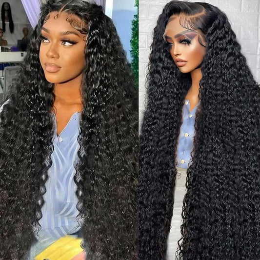 Deep Wave Lace Front Wig 200% Density 13x4 Pre Plucked with Baby Hair HD Lace Frontal Wig for Women, 26inch Black Curly Human Hair Wig