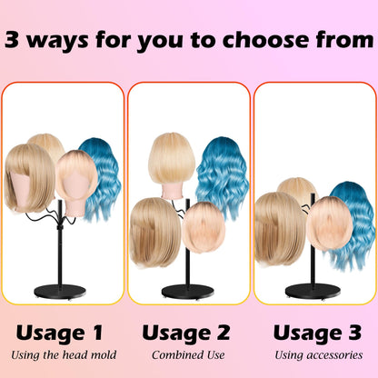 Lhysn Wig Stands - Multiple Wig Hanger Display Rack, Holder, Storage Organizer for Mannequin Head Metal Rack Stand (Black with 4 Holders)