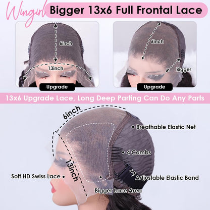 Wingirl 13x6 Body Wave Lace Front Wigs Human Hair Pre plucked Pre bleached Small Knots With Baby Hair 200 Density Glueless Human Hair Wigs For Women 28Inch HD Lace Frontal Wig With Soft