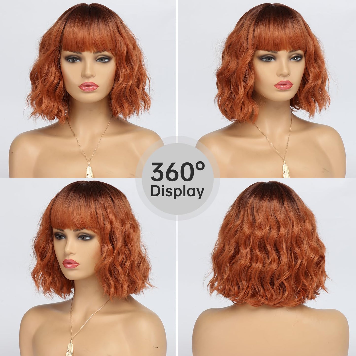 EssionTech Short Copper Red Wigs for Women Fox Red Wig Ombre Red Dark Root Culy Bob Wigs with Bangs Ginger Hair Wig Wavy Synthetic Wigs(12Inches)