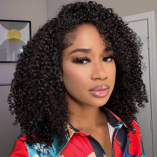 QUANDIAN Kinky Curly 3 In 1 Half Wig Human Hair 200% Density Wear Go Glueless Wigs Human Hair for Women 16 Inch Afro Curly Seamless Flip Wig Invisible Hairline Beginner Friendly