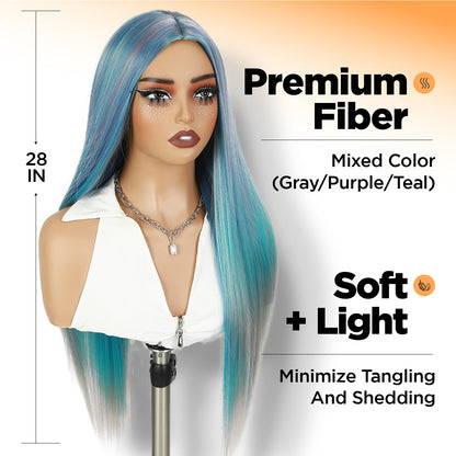 WIGER 28 Inches Long Straight Rainbow Wigs Bluish Green Layered Hair Middle Part Piano Color Wigs Synthetic Mermaid Wig Heat Resistant Costumes Wig for Daily or Party