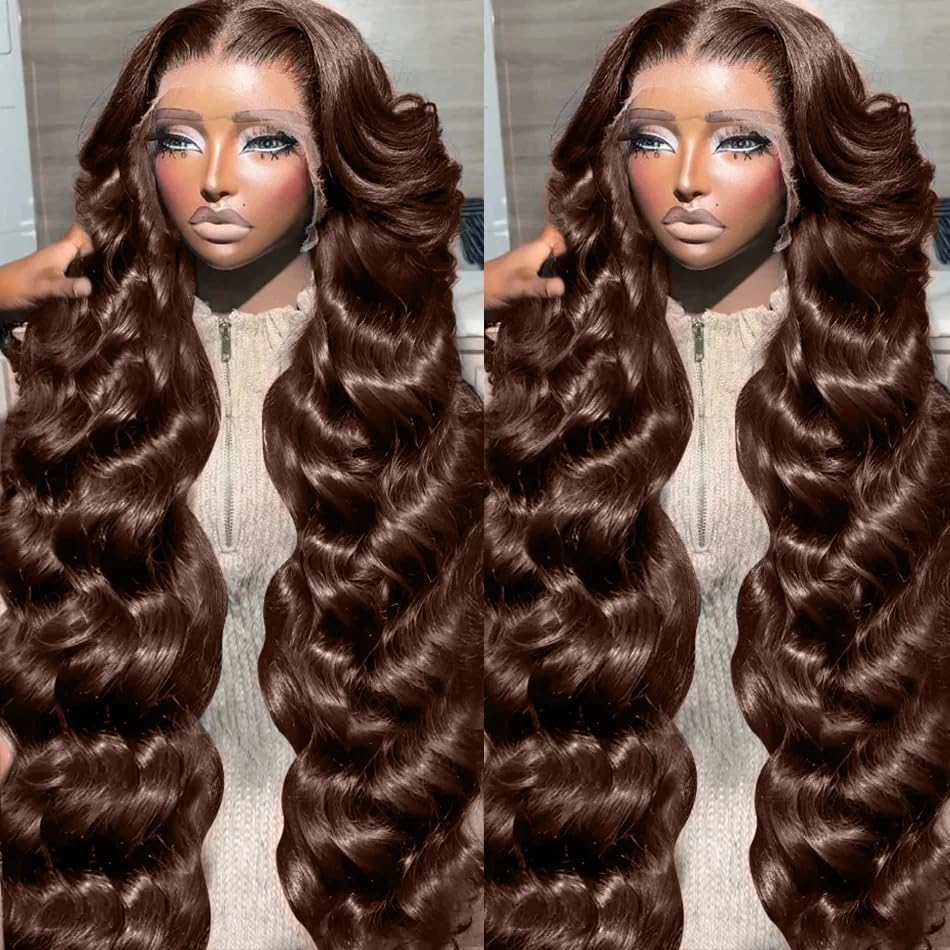 200 Density 13X6 Chocolate Brown Body Wave Lace Front Wigs Human Hair 13x6 HD Transparent Lace Front Wigs For Women Auburn Brown Colored with Baby Hair Glueless Wigs Human Hair Full And Thick(20 Inch)