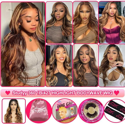 studyy 26 Inch Ombre Lace Front Wig Human Hair 180% Density 360 4/27 Highlight Lace Front Honey Blonde HD Lace Front Wig Body Wave Balayage Wig Human Hair Pre Plucked for Women