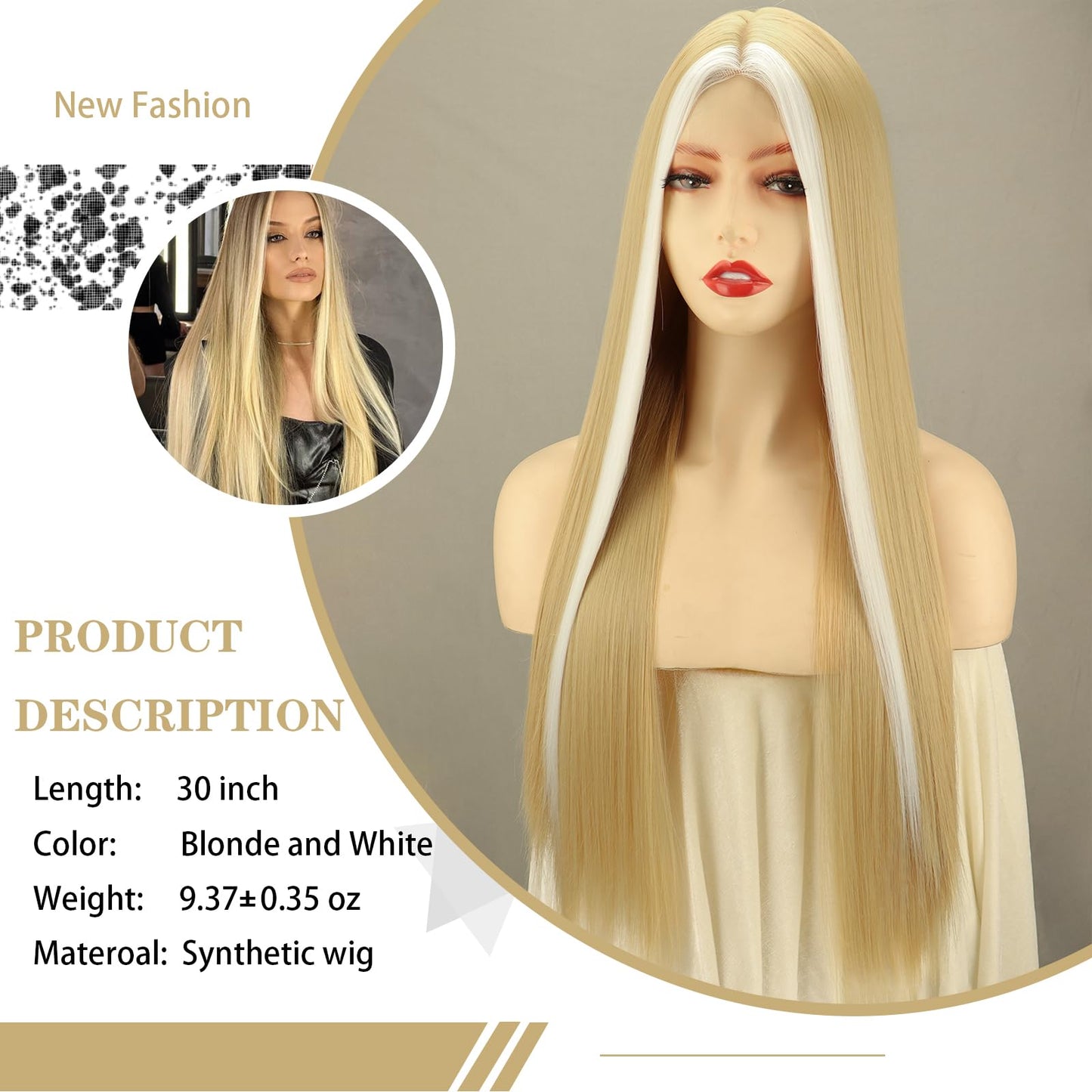 Xinran Long Blonde Wigs For Women Light Blonde and White with Highlights Lace Wig Middle Part Hairline Synthetic Full Wig Natural Looking Daily Use 30 Inch