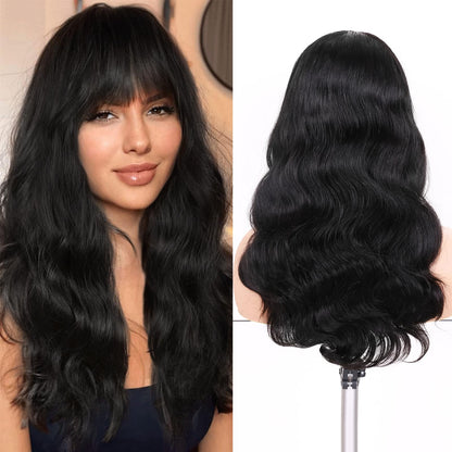 WIGNEE Natural Wave Wigs with Bangs 100% Brazilian Human Hair Wave Wigs Natural Black (18 Inch 1B)