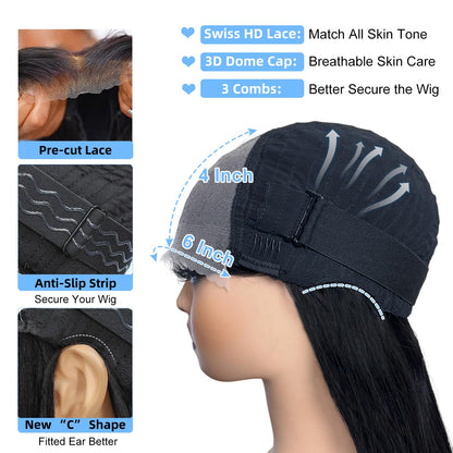 CUTE BEIN 210 Density 6X4 Glueless Wigs,100% Human Hair, [2-year life, 220g],HD Lace Closure Wigs Glueless Wear and Go Wig Pre Plucked Pre Cut,Straight Wigs for Black Women Middle Part 26 Inch