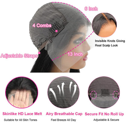 CUTE BEIN [2-Year Life, 100% Human Hair, 250g/pc, 250% Density 13x6 HD Straight Lace Front Wigs Human Hair Pre Plucked, [0.1mm Ultra-Thin HD Lace], Free Part 28 Inch