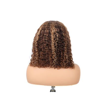 ISEE Wear and Go Glueless Wigs Bob Water Wave Human Hair Pre Plucked Pre Cut Ombre Highlight Bob Wig Human Hair for Women 180% Density Transparent Lace Front Wigs Ready to Wear for Beginners 10 Inch