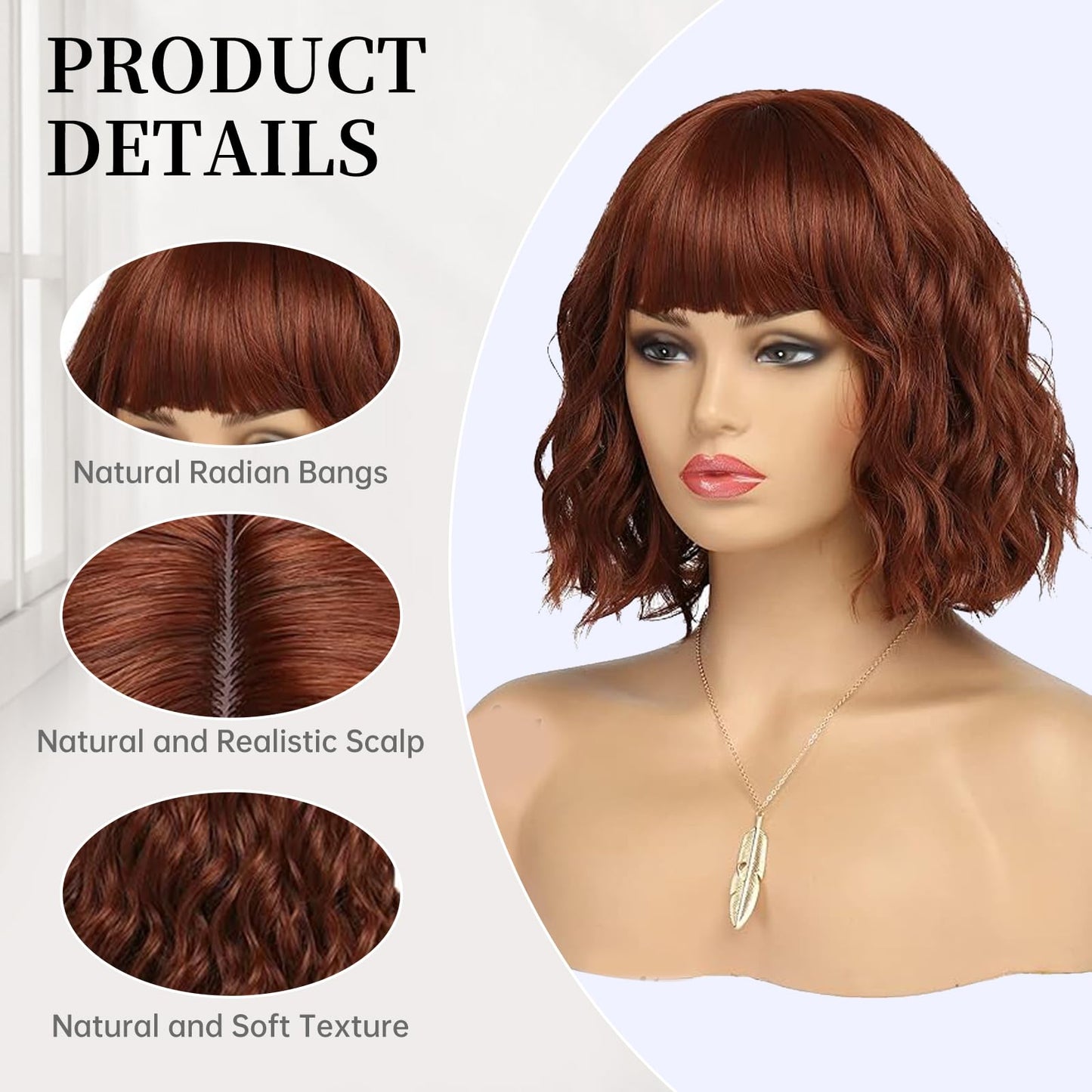 EssionTech Short Auburn Wigs for Women Dark Ginger Wig with Bangs Wigs Natural Looking Curly Hair Medium Length Synthetic Bob Wig Wavy Colorful Wigs（12 Inches）