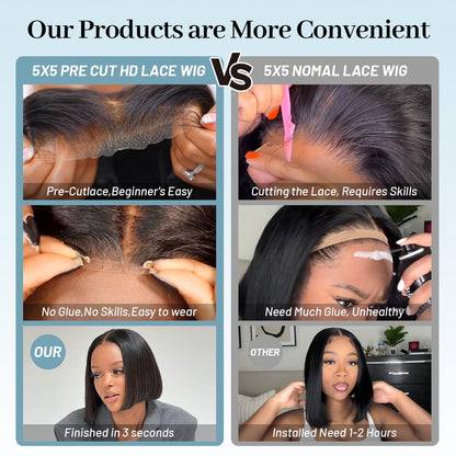 EQ DUOUPA Wear and Go Glueless Wig Bob Wig Human Hair 180% Density HD Lace Closure Human Hair Glueless Wigs for Black Women 5x5 Closure Wigs Pre Plucked 14 Inch