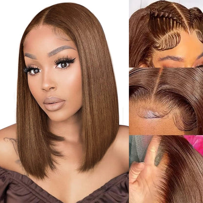 Brown Bob Wig Human Hair 13x4 Lace Front Wigs Cchocolate Brown Wig Short Straight Bob Lace Frontal Wigs for Black Women Pre Plucked with Baby Hair 180% Density 10 Inch