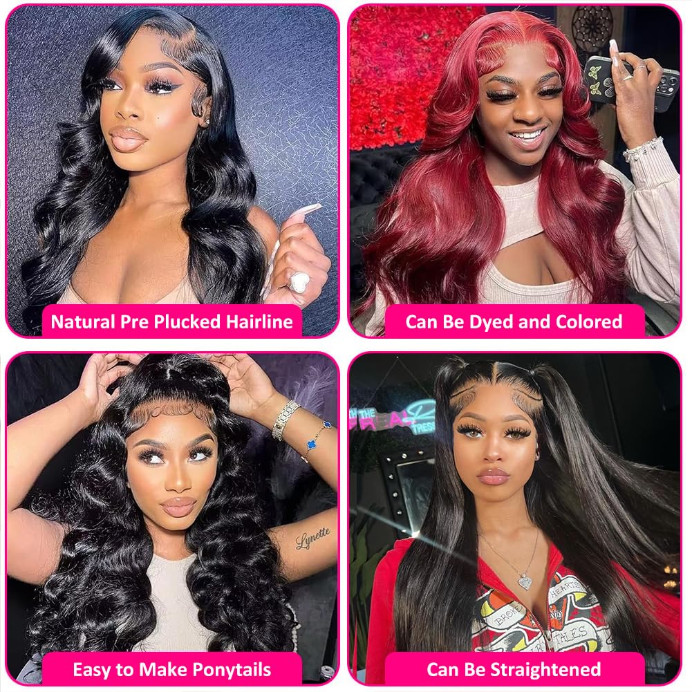 Wingirl 220 Density HD Lace Front Wigs Human Hair Pre Plucked 13x5 Transparent Body Wave Lace Frontal Wig with Baby Hair 12A Glueless Human Hair Wigs for Women Black Color 24 Inch