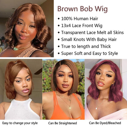Brown Bob Wig Human Hair 13x4 Frontal Lace Wig 16 Inch Body Wave HD Lace Front Wigs Human Hair Pre Plucked Glueless Bob Wigs for Women (#4 Brown, 16 Inch)