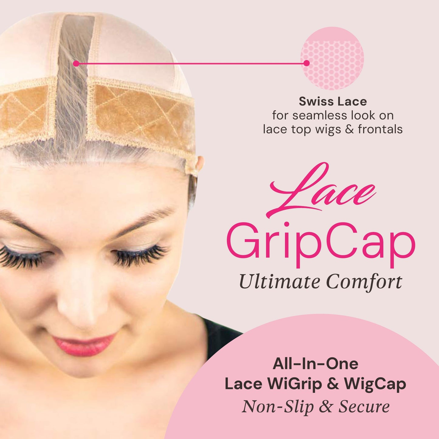 MILANO COLLECTION Lace Wig Grip Cap for Women, Adjustable Wig Caps for Women Non Slip with Headband to Secure Lace Top Perfectly in Place, Tension-Free, One Size Fits All, 2 Pack, Nude