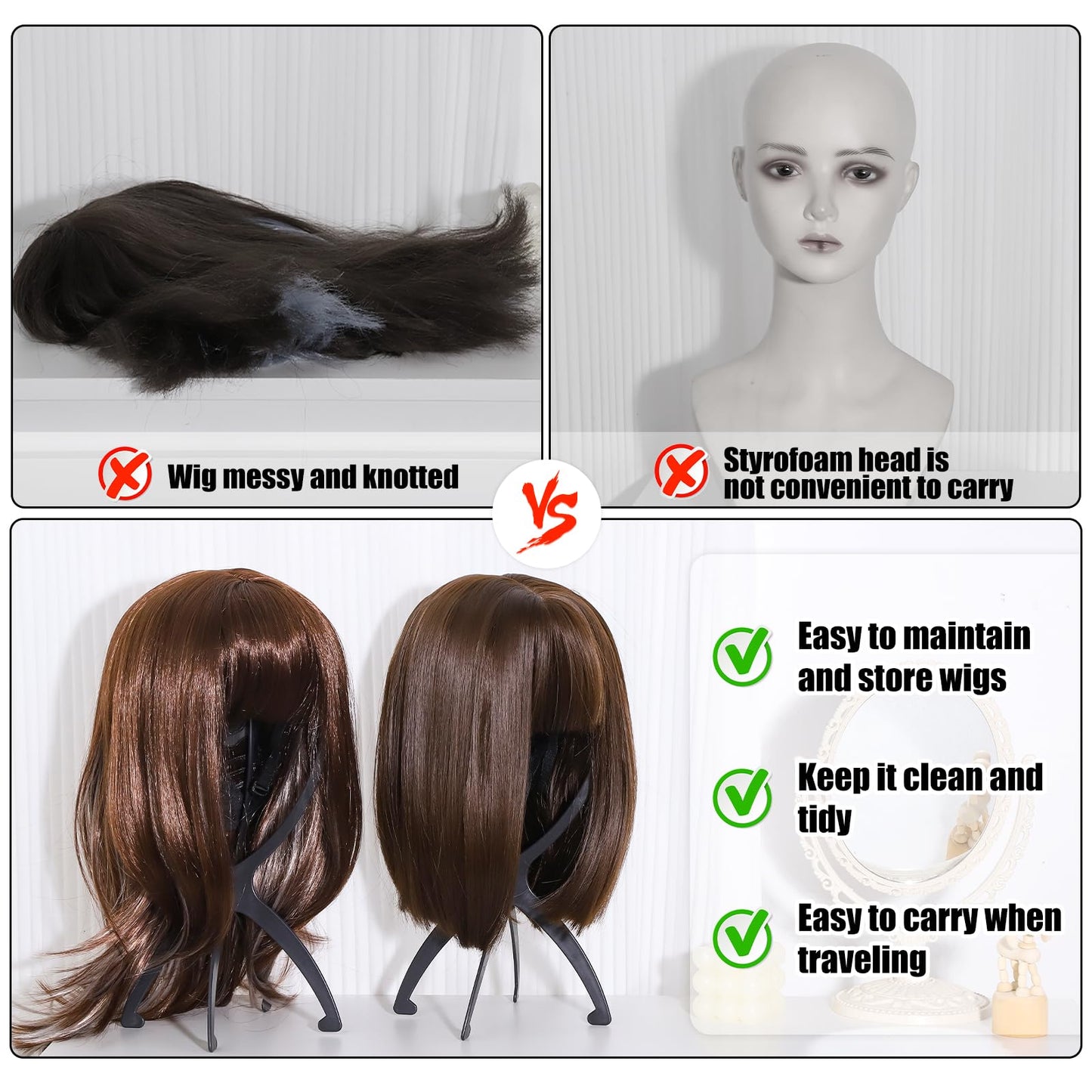 obeoby Wig Stand, Portable Wig Holder Wig Head Stand for All Wigs Travel Wig (black (6 pack))