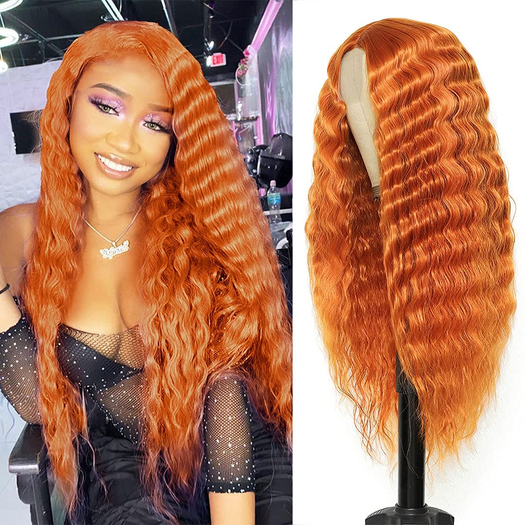 28" Synthetic Curly Wig Long Deep Wave Fake Scalp Lace Wigs for Women Natural Crimps Curls Orange Synthetic Lace Front Wig, 18C#