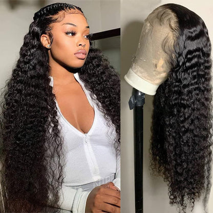 GIESWY Deep Wave Lace Front Wigs Human Hair 180% Density 13x4 HD Lace Front Wigs Human Hair Pre Plucked with Baby Hair Glueless Wigs for Black Women Human Hair (natural color 18 inch)